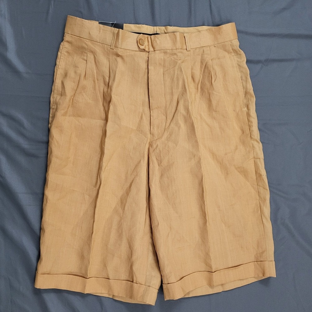 Daniel Ellissa Mens Honey Gold 100% Linen Pleated Cuffed Dress Shorts 36 LS3860S
